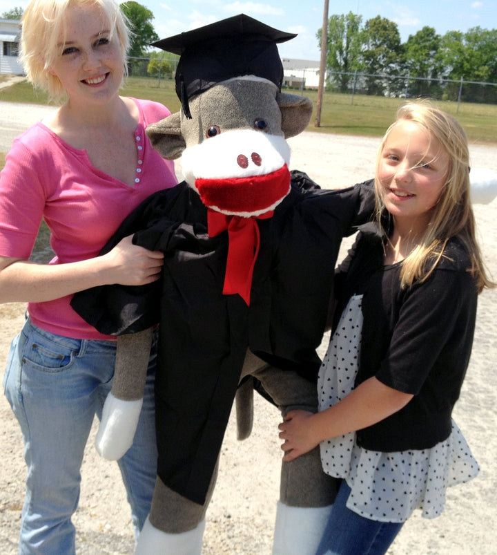 American Made Giant Graduation Sock Monkey Four and One Half Feet Tall Wearing Graduation Cap and Gown Made in the USA