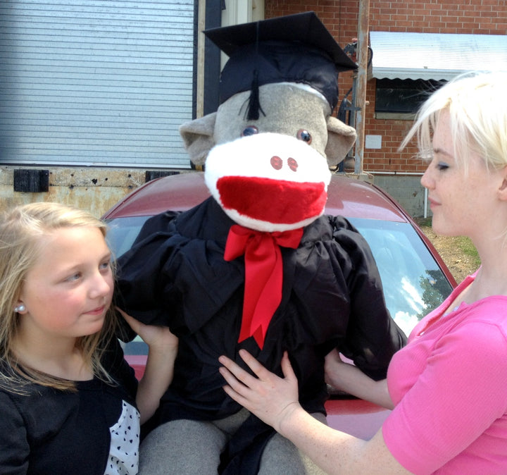 American Made Giant Graduation Sock Monkey Four and One Half Feet Tall Wearing Graduation Cap and Gown Made in the USA