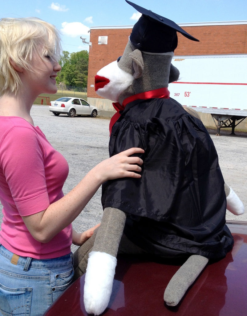 American Made Giant Graduation Sock Monkey Four and One Half Feet Tall Wearing Graduation Cap and Gown Made in the USA