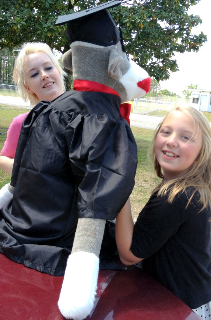 American Made Giant Graduation Sock Monkey Four and One Half Feet Tall Wearing Graduation Cap and Gown Made in the USA