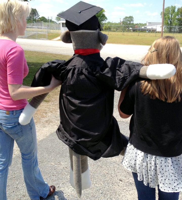 American Made Giant Graduation Sock Monkey Four and One Half Feet Tall Wearing Graduation Cap and Gown Made in the USA