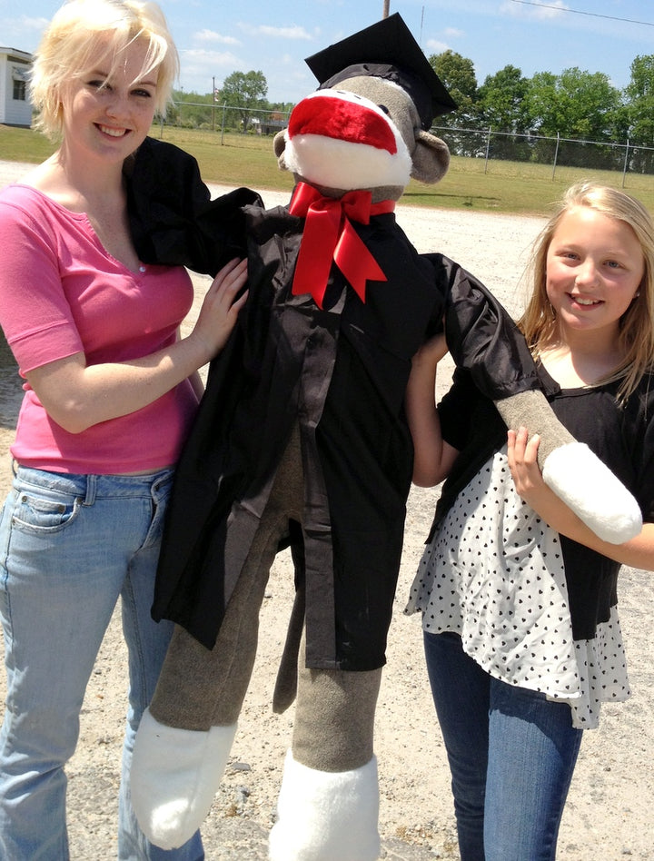 American Made Giant Graduation Sock Monkey Four and One Half Feet Tall Wearing Graduation Cap and Gown Made in the USA