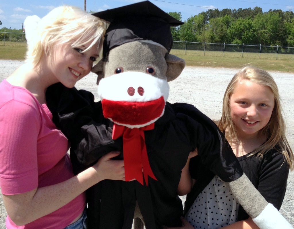 American Made Giant Graduation Sock Monkey Four and One Half Feet Tall Wearing Graduation Cap and Gown Made in the USA