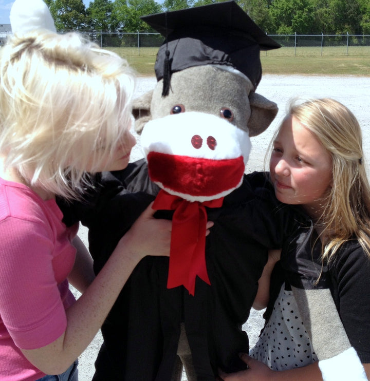 American Made Giant Graduation Sock Monkey Four and One Half Feet Tall Wearing Graduation Cap and Gown Made in the USA