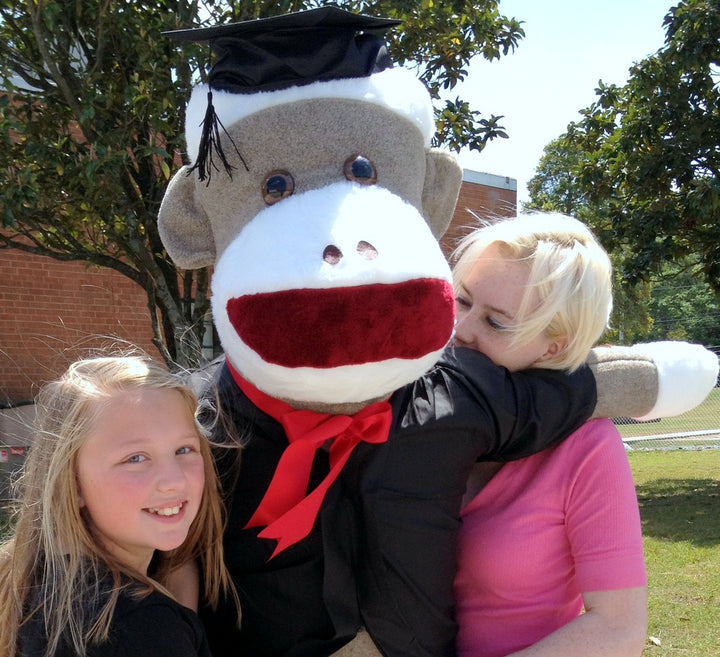 72 Inch Big Plush Giant Graduation Sock Monkey 6 Feet Tall wearing Graduation Cap and Gown MADE IN THE USA