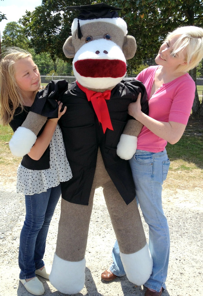 72 Inch Big Plush Giant Graduation Sock Monkey 6 Feet Tall wearing Graduation Cap and Gown MADE IN THE USA