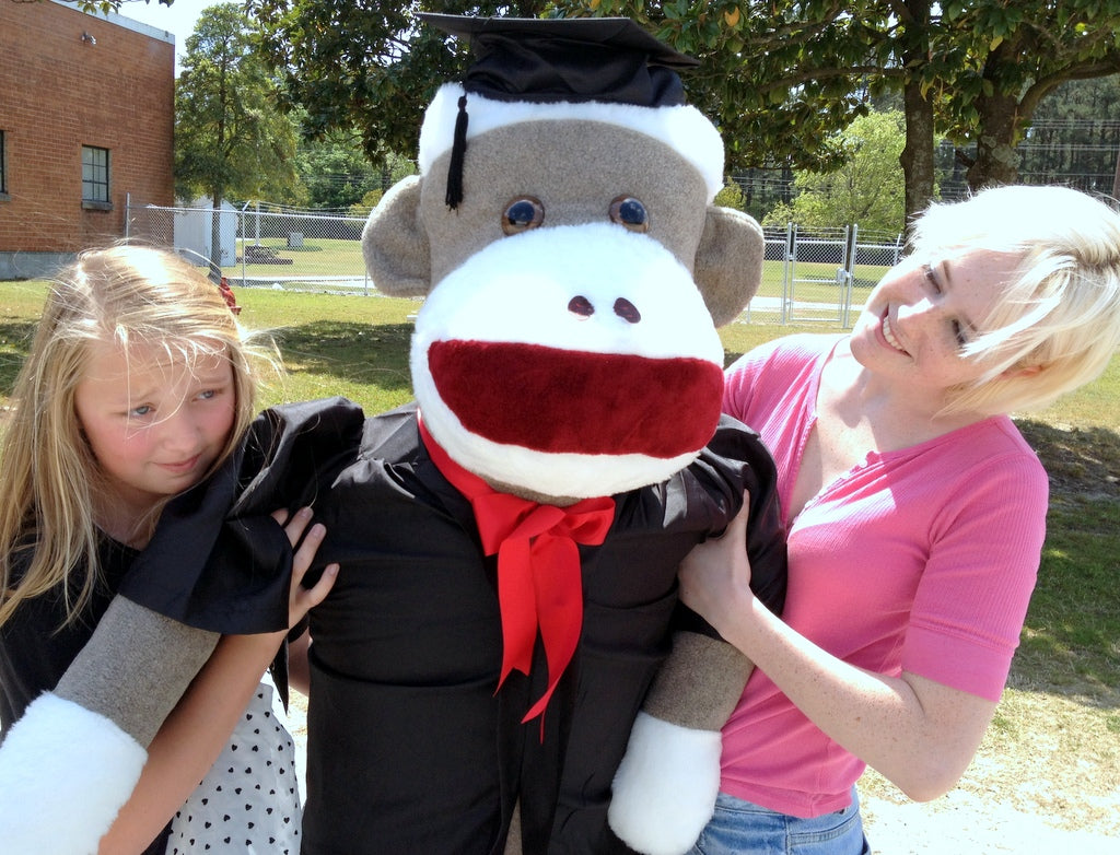 72 Inch Big Plush Giant Graduation Sock Monkey 6 Feet Tall wearing Graduation Cap and Gown MADE IN THE USA
