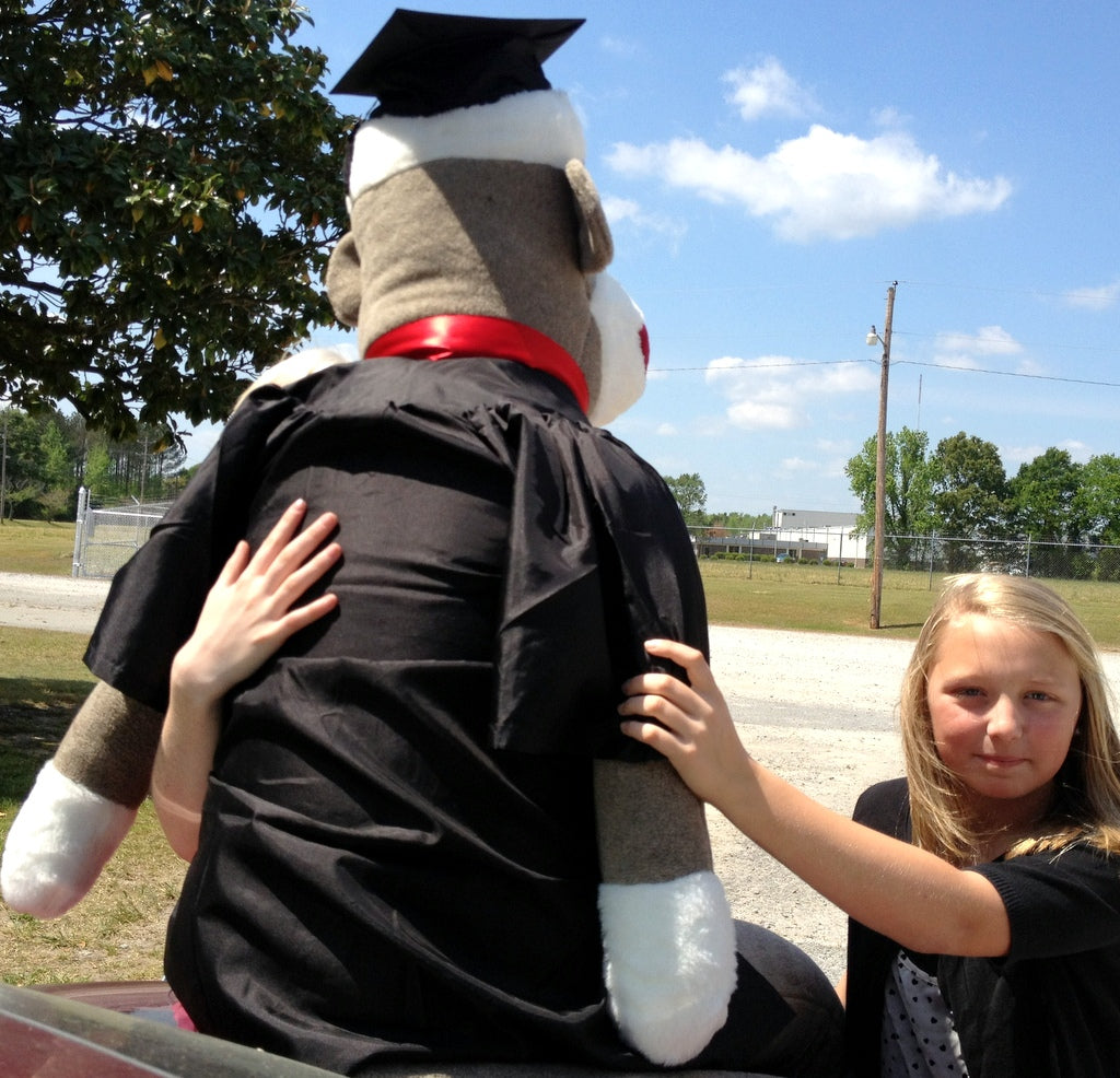 72 Inch Big Plush Giant Graduation Sock Monkey 6 Feet Tall wearing Graduation Cap and Gown MADE IN THE USA