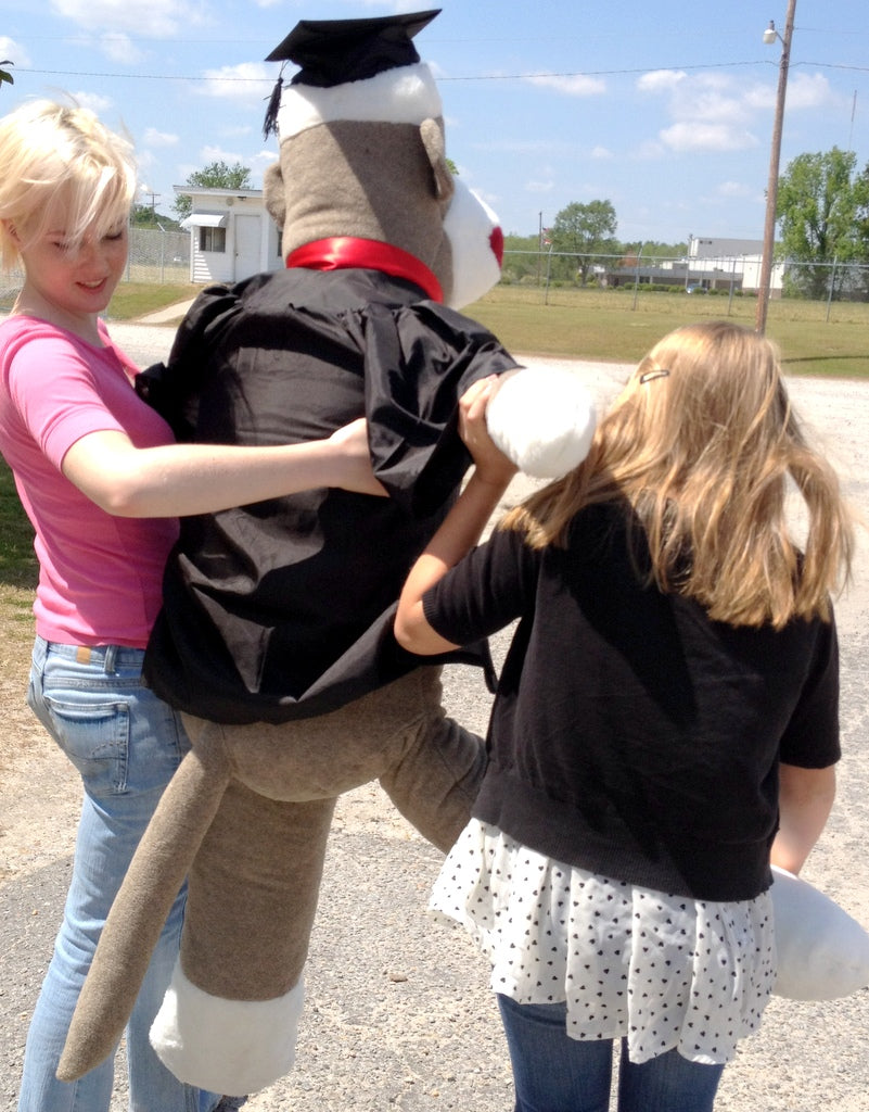 72 Inch Big Plush Giant Graduation Sock Monkey 6 Feet Tall wearing Graduation Cap and Gown MADE IN THE USA