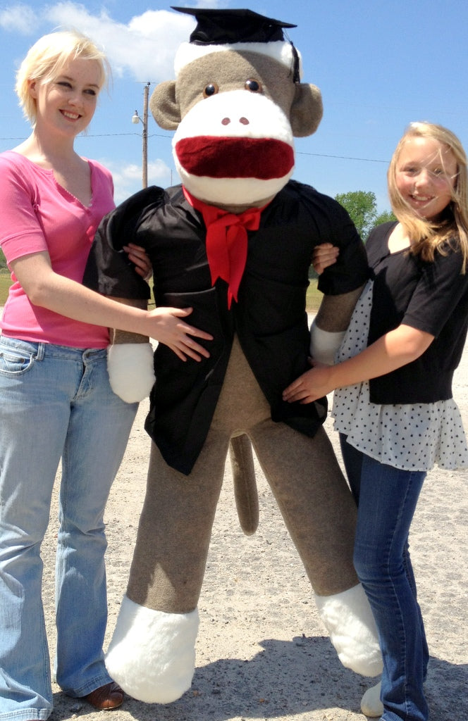 72 Inch Big Plush Giant Graduation Sock Monkey 6 Feet Tall wearing Graduation Cap and Gown MADE IN THE USA