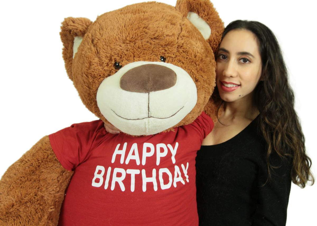 5 Foot Teddy Bear Wears Removable Happy Birthday Tshirt, Soft Cookie Dough Brown Color