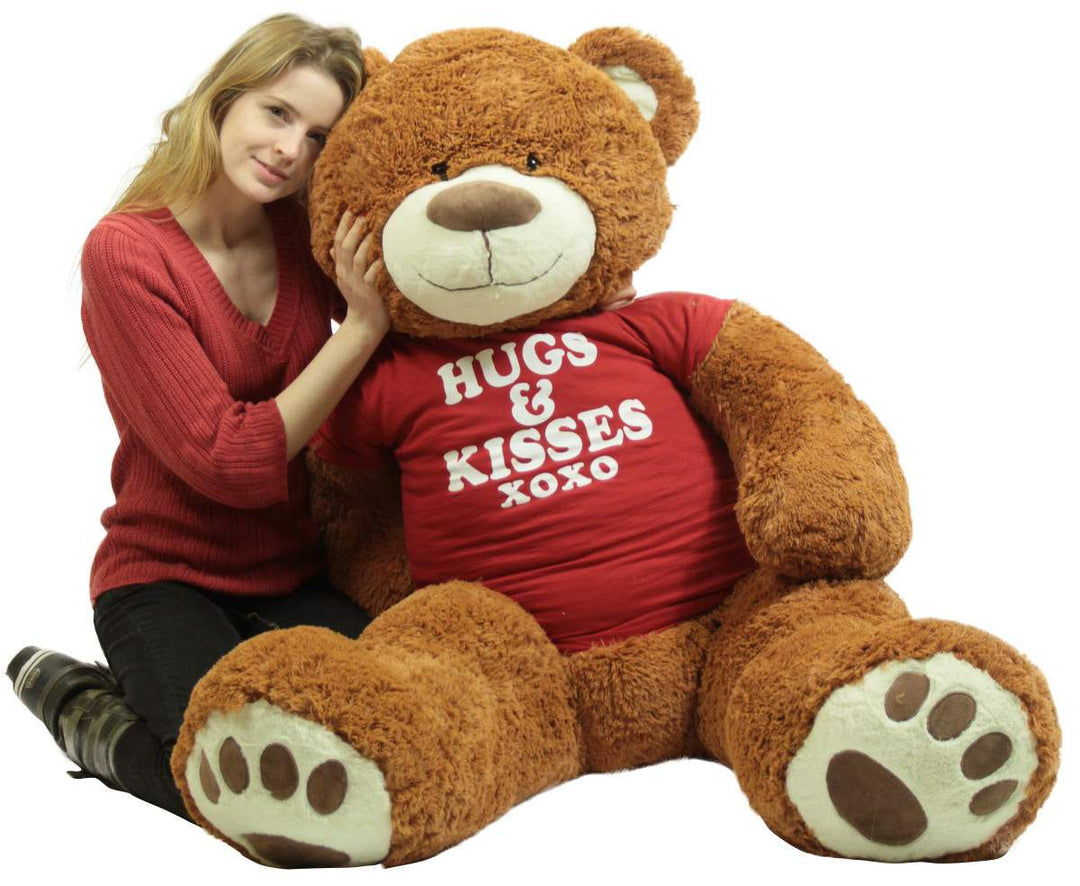 5 Foot Giant Brown Teddy Bear Wears Removable Tshirt that says Hugs and Kisses
