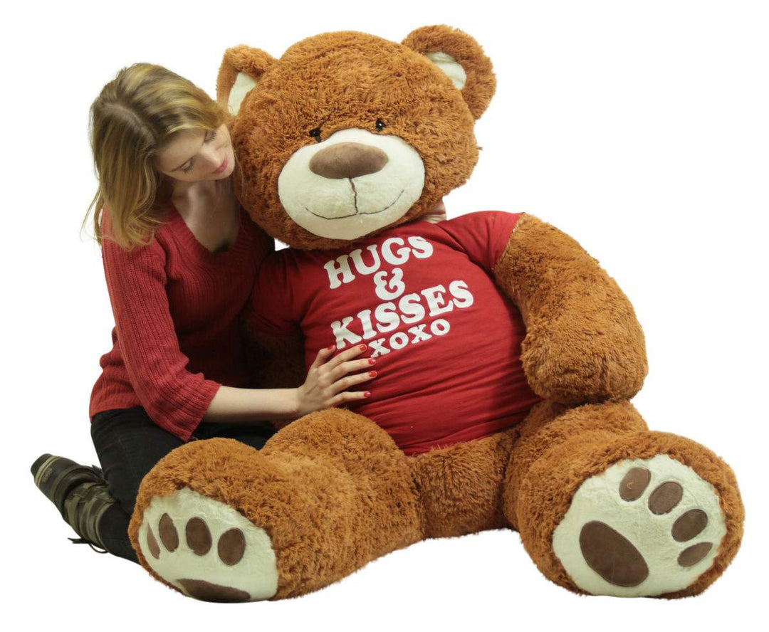 5 Foot Giant Brown Teddy Bear Wears Removable Tshirt that says Hugs and Kisses