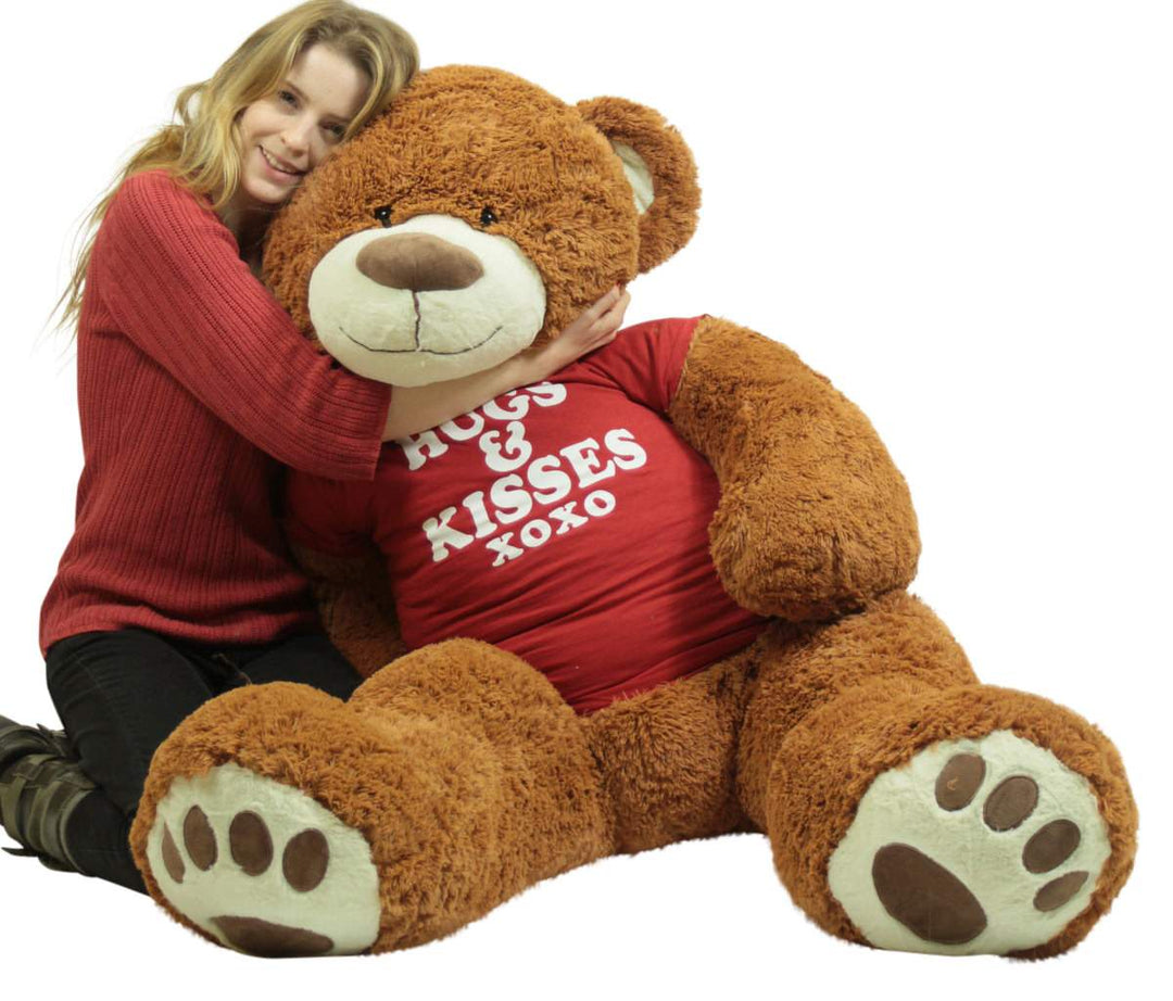 5 Foot Giant Brown Teddy Bear Wears Removable Tshirt that says Hugs and Kisses