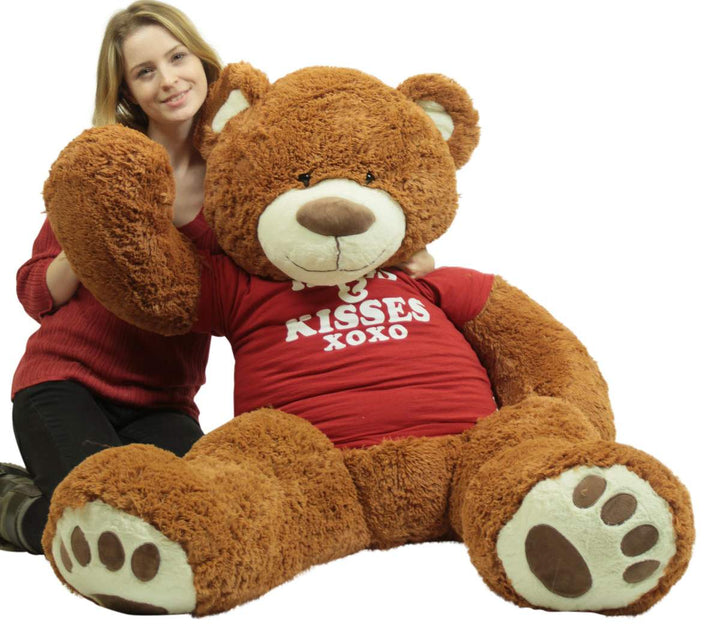 5 Foot Giant Brown Teddy Bear Wears Removable Tshirt that says Hugs and Kisses