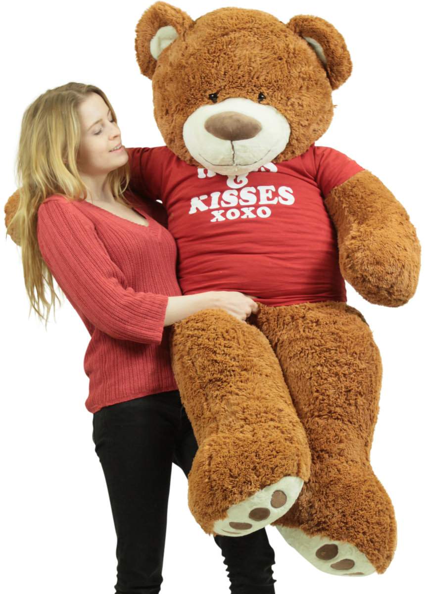 5 Foot Giant Brown Teddy Bear Wears Removable Tshirt that says Hugs and Kisses