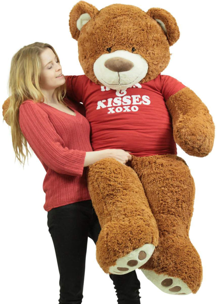 5 Foot Giant Brown Teddy Bear Wears Removable Tshirt that says Hugs and Kisses
