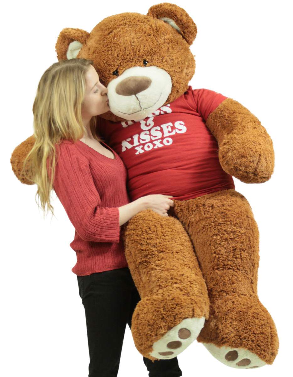 5 Foot Giant Brown Teddy Bear Wears Removable Tshirt that says Hugs and Kisses