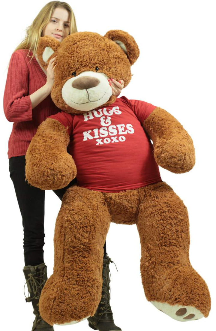 5 Foot Giant Brown Teddy Bear Wears Removable Tshirt that says Hugs and Kisses