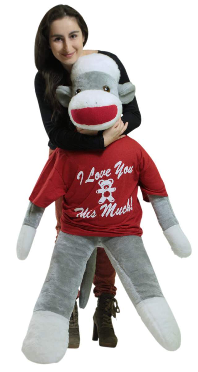 Big Plush Giant Valentine Sock Monkey 54 Inches Soft, Wears Removable T-shirt I LOVE YOU THIS MUCH