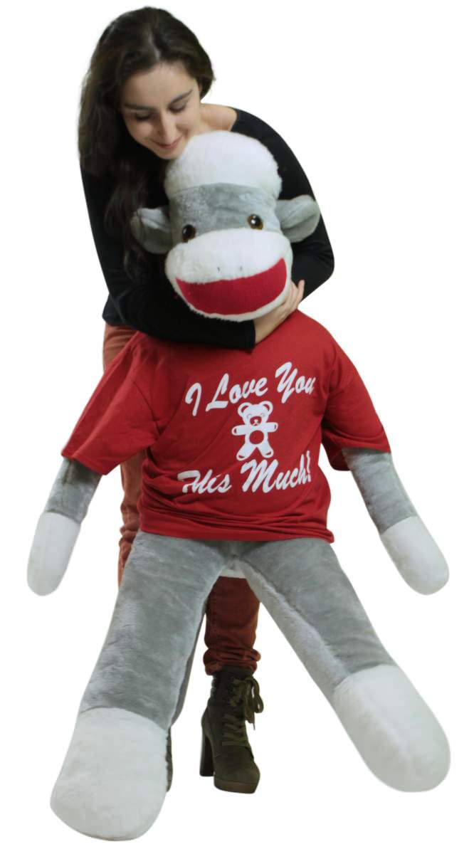 Big Plush Giant Valentine Sock Monkey 54 Inches Soft, Wears Removable T-shirt I LOVE YOU THIS MUCH