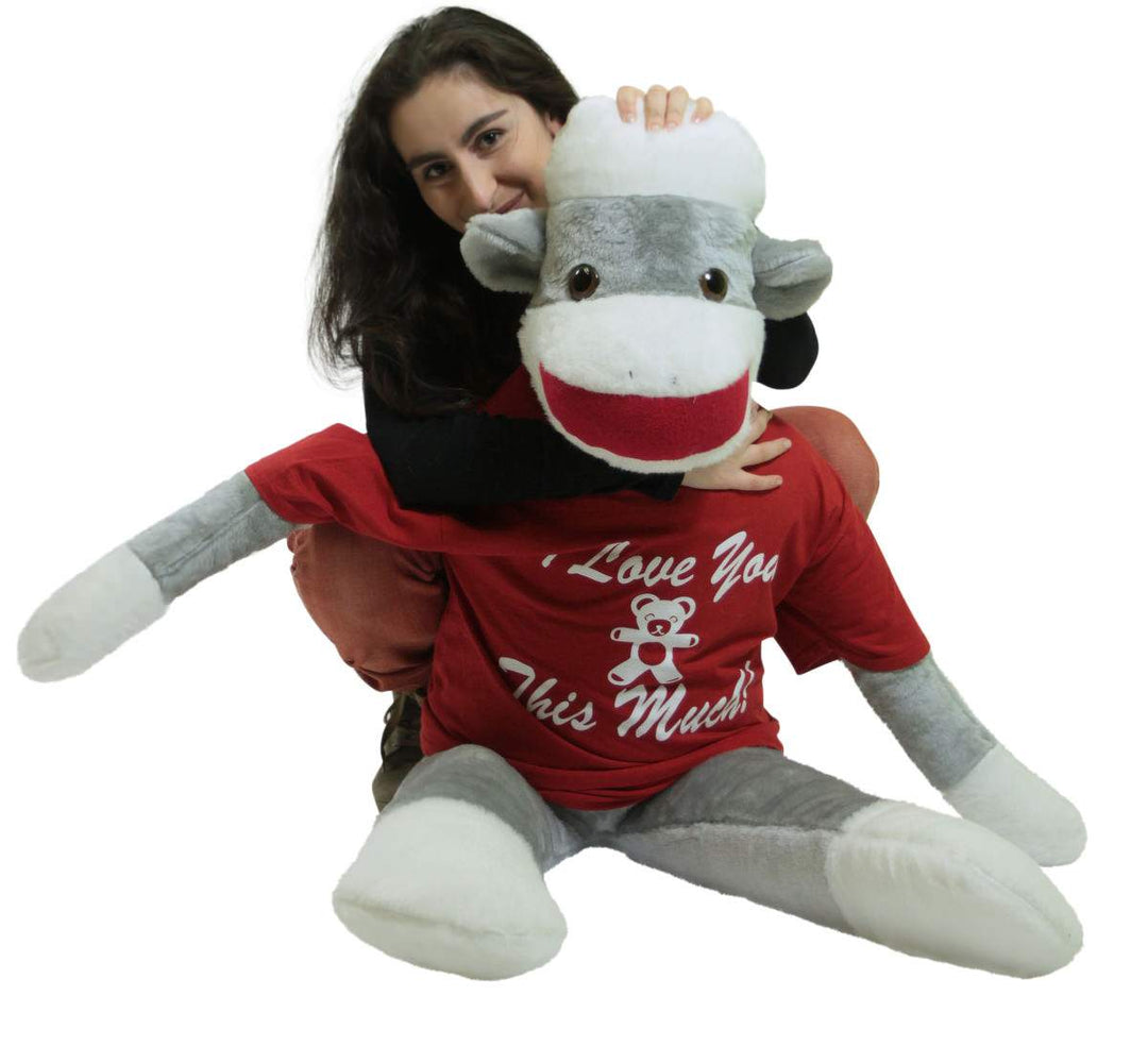Big Plush Giant Valentine Sock Monkey 54 Inches Soft, Wears Removable T-shirt I LOVE YOU THIS MUCH