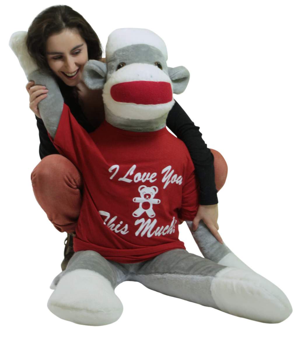 Big Plush Giant Valentine Sock Monkey 54 Inches Soft, Wears Removable T-shirt I LOVE YOU THIS MUCH