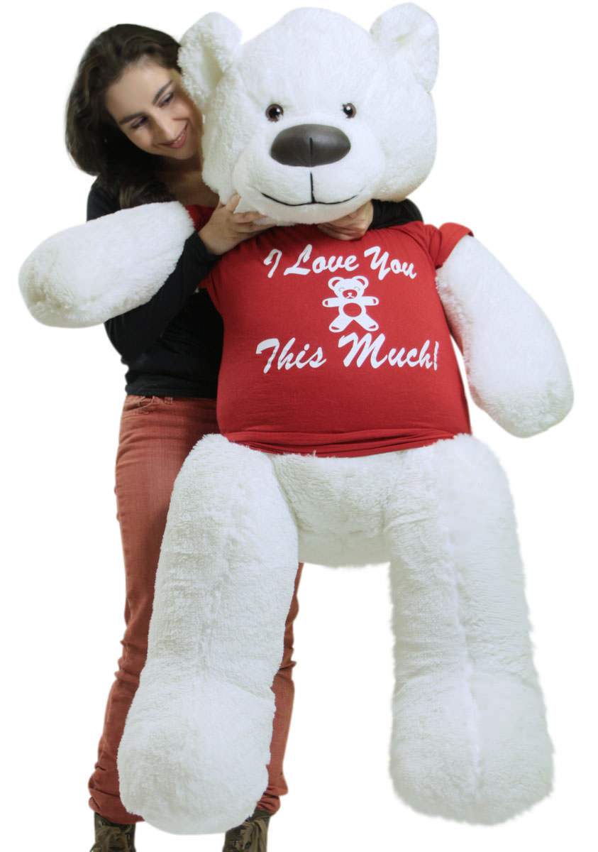 5ft Giant White Teddy Bear Soft 60 Inches, Wears Removable T-shirt I LOVE YOU THIS MUCH
