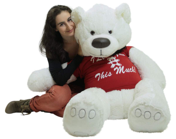 5ft Giant White Teddy Bear Soft 60 Inches, Wears Removable T-shirt I LOVE YOU THIS MUCH