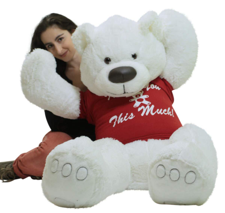 5ft Giant White Teddy Bear Soft 60 Inches, Wears Removable T-shirt I LOVE YOU THIS MUCH