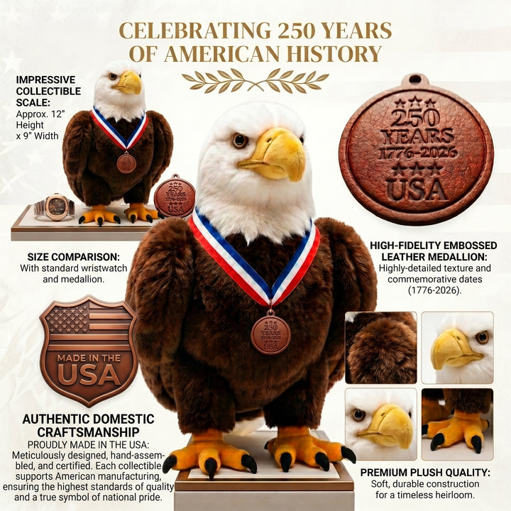 American Made Bald Eagle Stuffed Animal 12 Inch – 250th Anniversary Commemorative Plush with Leather Medallion – Made in USA