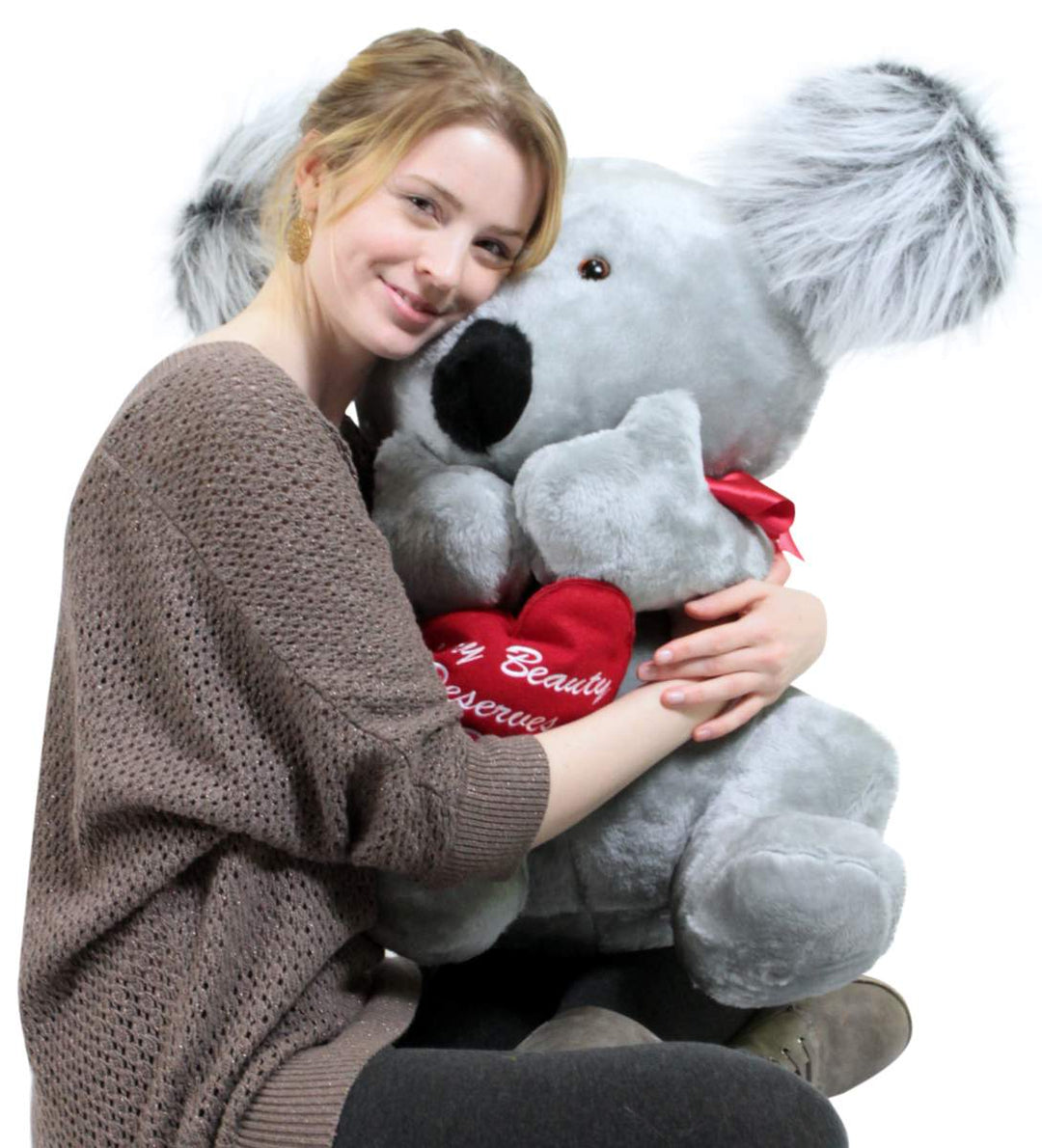 American Made Romantic Large Stuffed Koala 26 inch Soft Holds Heart EVERY BEAUTY DESERVES A BEAST