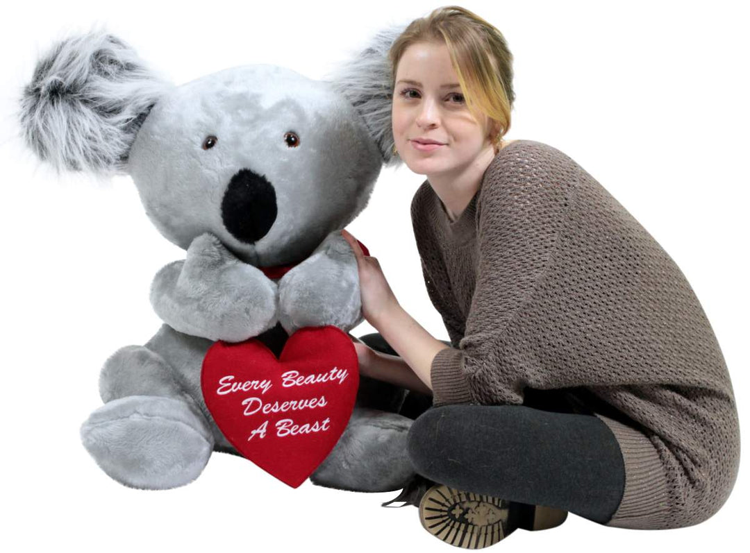 American Made Romantic Large Stuffed Koala 26 inch Soft Holds Heart EVERY BEAUTY DESERVES A BEAST