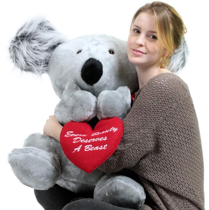 American Made Romantic Large Stuffed Koala 26 inch Soft Holds Heart EVERY BEAUTY DESERVES A BEAST