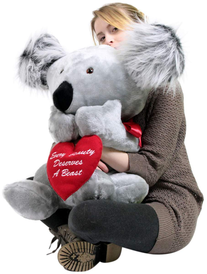 American Made Romantic Large Stuffed Koala 26 inch Soft Holds Heart EVERY BEAUTY DESERVES A BEAST