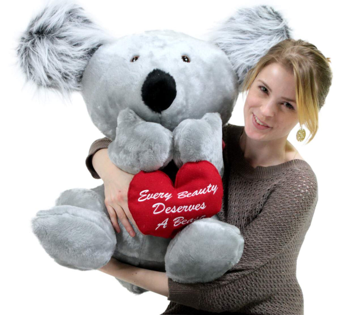 American Made Romantic Large Stuffed Koala 26 inch Soft Holds Heart EVERY BEAUTY DESERVES A BEAST