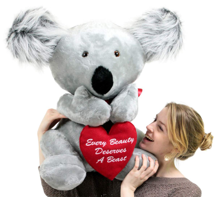 American Made Romantic Large Stuffed Koala 26 inch Soft Holds Heart EVERY BEAUTY DESERVES A BEAST