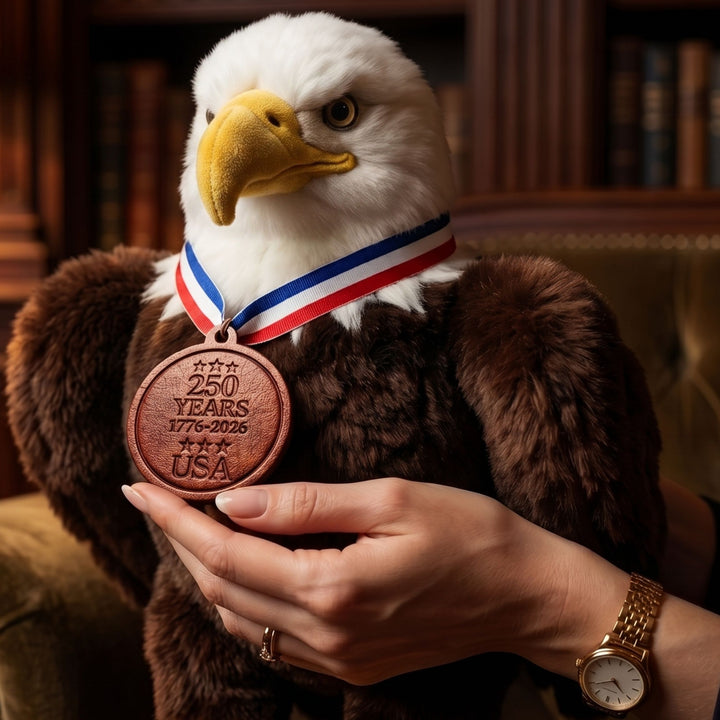 American Made Bald Eagle Stuffed Animal 12 Inch – 250th Anniversary Commemorative Plush with Leather Medallion – Made in USA
