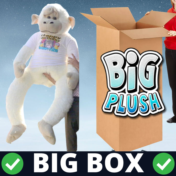 American Made 6 Feet Tall Giant Stuffed Monkey Wearing Hilarious Tshirt That Says Happy Birthday Monkey Face Made in the USA America