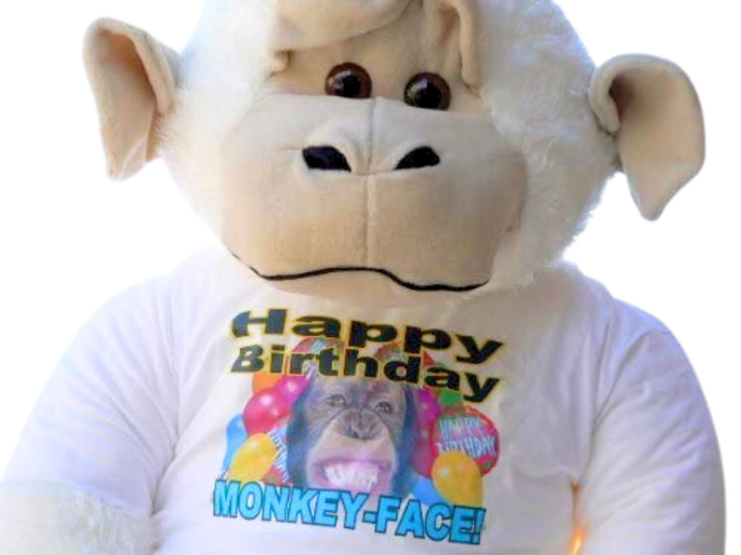 American Made 6 Feet Tall Giant Stuffed Monkey Wearing Hilarious Tshirt That Says Happy Birthday Monkey Face Made in the USA America