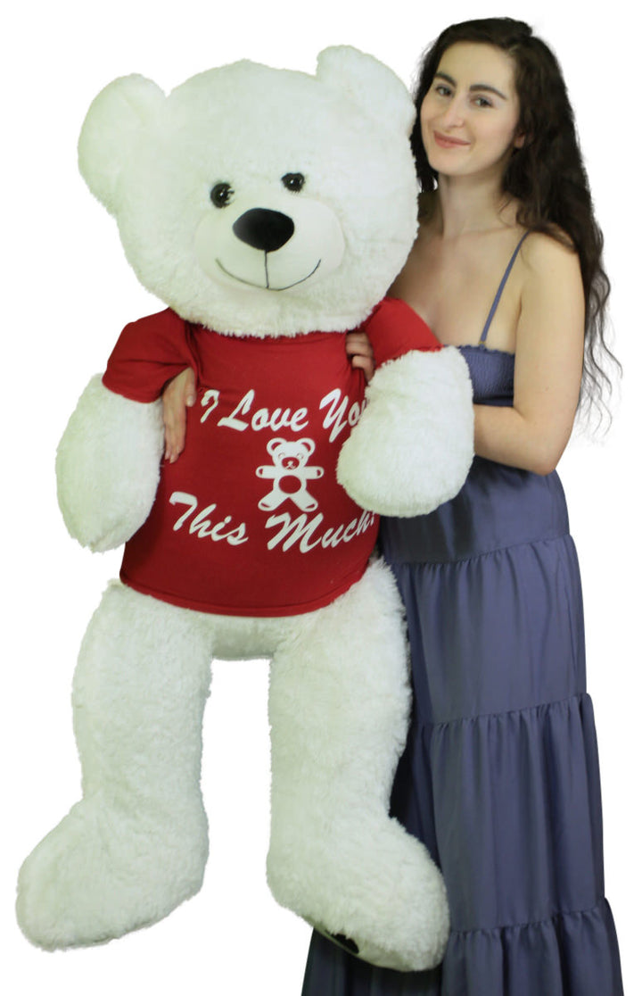 Giant Valentine Teddy Bear 52 Inch White Soft, Wears Removable T-shirt I Love You This Much