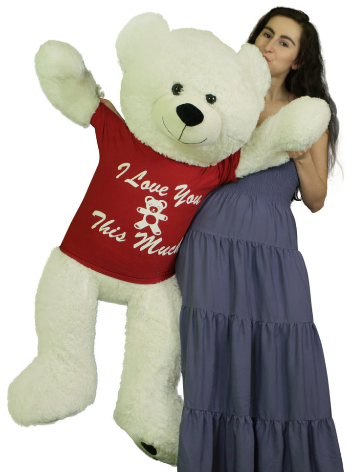 Giant Valentine Teddy Bear 52 Inch White Soft, Wears Removable T-shirt I Love You This Much