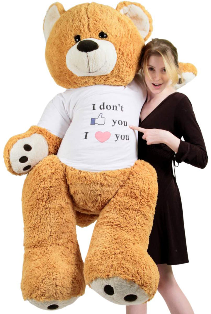Big Plush Giant Love Teddy Bear 55 Inches Honey Brown Color Wears Tshirt that says I DON'T LIKE YOU I LOVE YOU