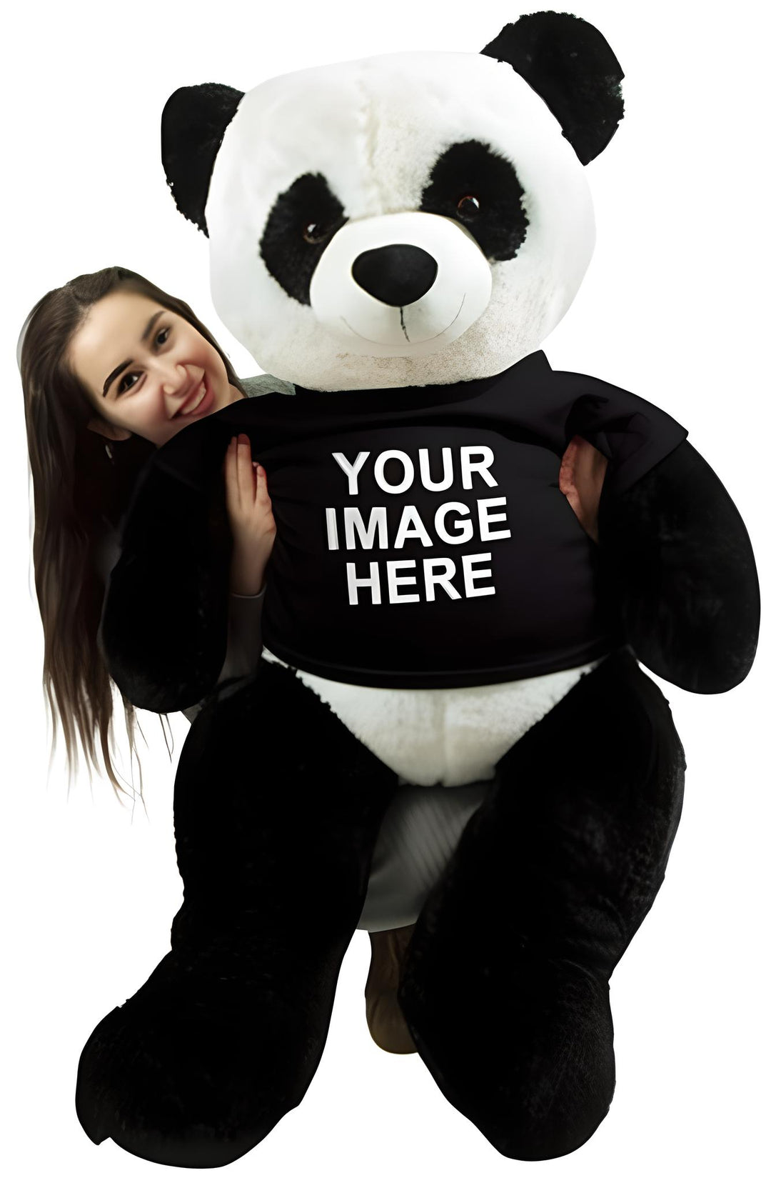 Customized Giant 5ft Stuffed Panda  - Upload Your Photo for T-shirt Worn by Huge Panda - Upload Your Photo Personalized on T-shirt - Panda Wears Customized T-Shirt Printed with Your Image