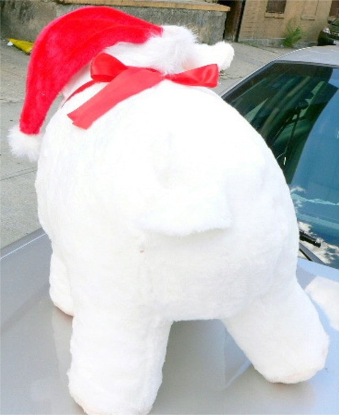 American Made Big Stuffed Pig Extra Large 27 Inches 69 cm Soft White Color wears Christmas Santa Hat Made in the USA