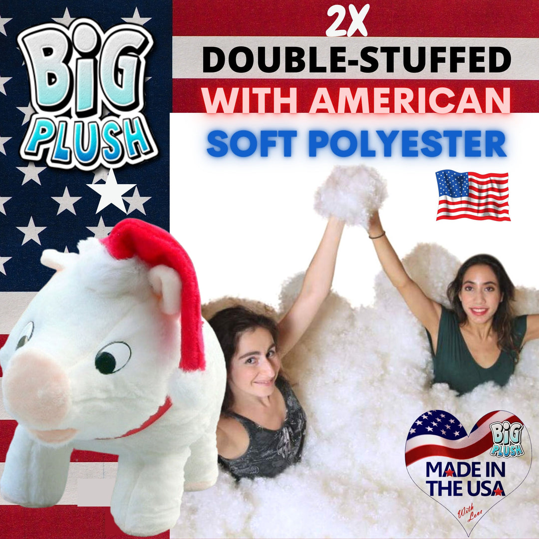 American Made Big Stuffed Pig Extra Large 27 Inches 69 cm Soft White Color wears Christmas Santa Hat Made in the USA