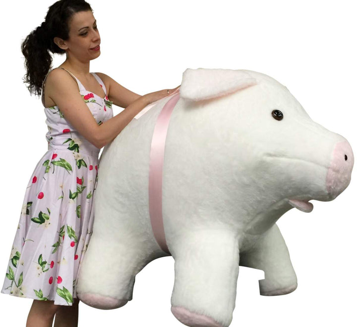 American Made Giant Stuffed Pig 40 Inch Soft White with Pink Accents 3 Feet Wide Made in USA