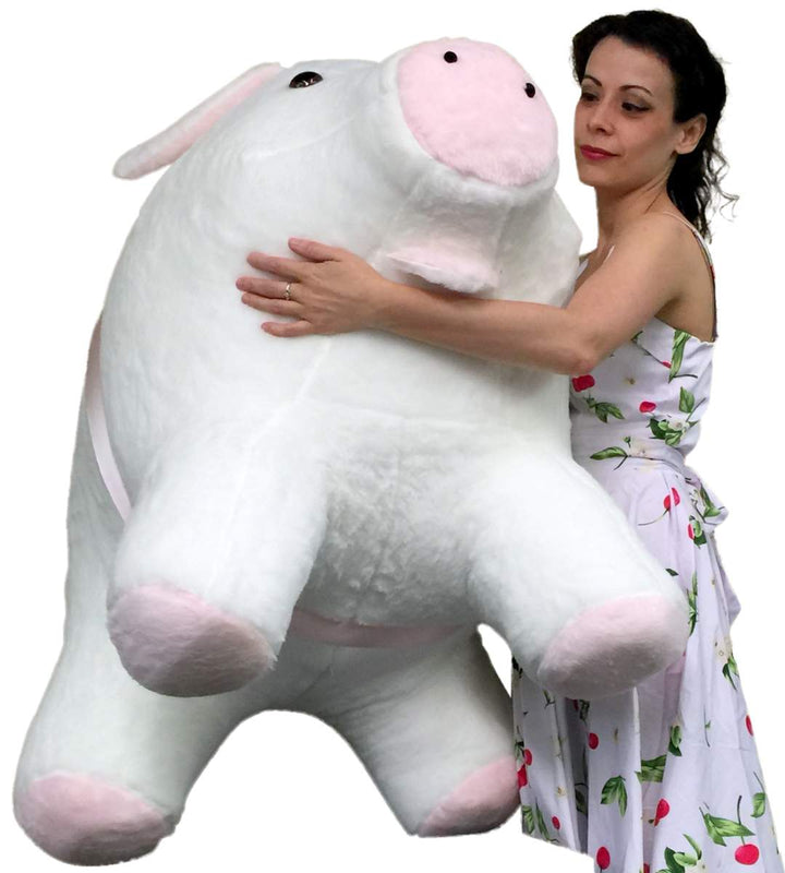 American Made Giant Stuffed Pig 40 Inch Soft White with Pink Accents 3 Feet Wide Made in USA