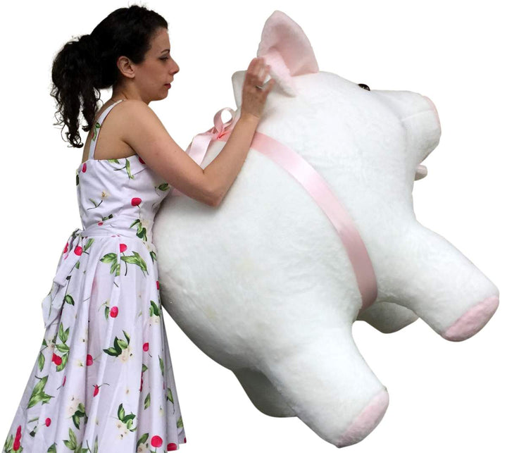 American Made Giant Stuffed Pig 40 Inch Soft White with Pink Accents 3 Feet Wide Made in USA