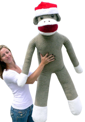 American Made Big Plush Christmas Sock Monkey 54 inches tall Wearing Red Santa Hat